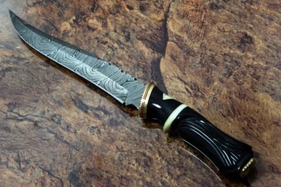 13" Damascus Skinning Knife, Hand carved round scaleW/Brass, Leather sheath - Image 1 of 4