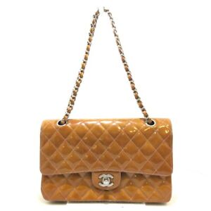 Auth CHANEL Double Flap Matelasse A01112 Brown Patent Leather Shoulder Bag
