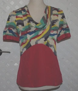 Marc Jacobs Silk Crepe Pink Print + Solid Draped Neck Top w/ Short Sleeves 6 - Picture 1 of 4