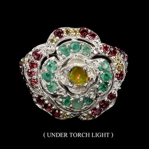 925 Sterling Silver Ring Round Fire Opal Emerald Natural Gemstone Jewelry Size 7 - Picture 1 of 13
