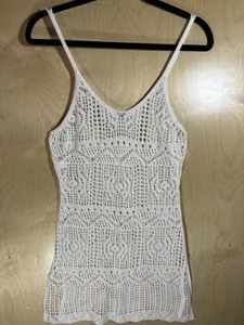 White Crochet Knit Swim Coverup Dress Vacation Bathingsuit Beachy Boho Small S - Picture 1 of 5
