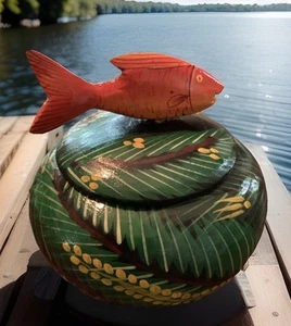 Hand Painted Wooden Fish Trinket Catch All Jar With Lid 5” - Picture 1 of 12