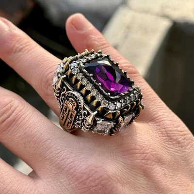 Anillo de amatista de plata para hombre, anillo grande turco hecho a mano para hombre, anillo grande de amatista Foto 1 de 4