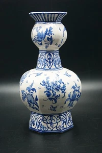 ANTIGUO JARRÓN DE CERÁMICA AZUL Y BLANCO DELFT PINTADO A MANO DISEÑO FLORAL FIRMADO PB 19 - Imagen 1 de 17