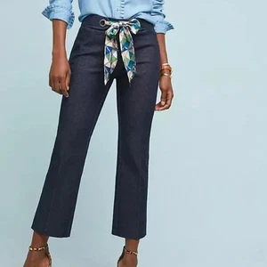 Anthropologie The Essential Crop Flare Pants Denim Blue Size 6 Scarf Belt - Picture 1 of 7
