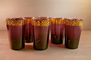 Amethyst Glass Tumblers with Gold Scroll Band - Set of 6 - Moroccan Boho Barware - Picture 1 of 17