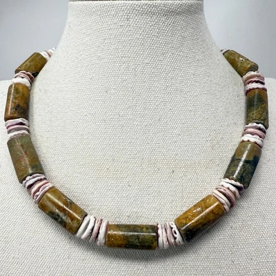 Collar Ocean Jaspe con Druzy & Shell Vintage Grueso Natural Foto 1 de 4