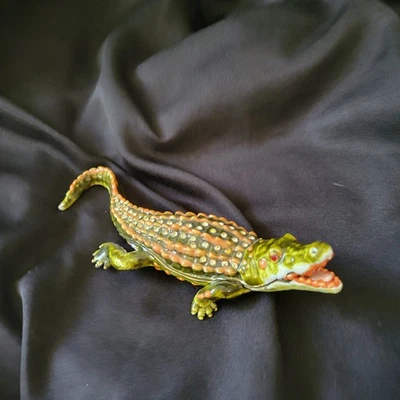 Bejeweled Alligator Enameled Green Trinket Box  6 X 2" - Image 1 of 4