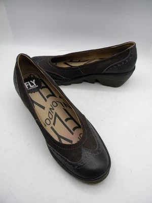 FLY LONDON Taupe Leather Wingtip Slip on Mid Wedge Heels Size 37 - Image 1 of 4