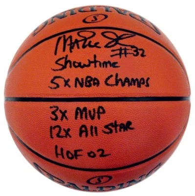 Magic Johnson Autografiado NBA Spalding Interior/Exterior Estadística Baloncesto Prueba ASI Foto 1 de 2