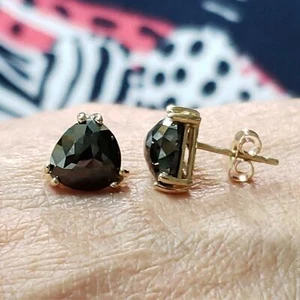 14Kt Gold 3 Ct Rose Cut Natural Black Diamond Trillion Stud Earrings - Picture 1 of 5