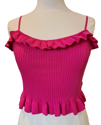 Ladies frilly crop Top pink fine knit ribbed stretch fabric Size 14 New - Image 1 of 4