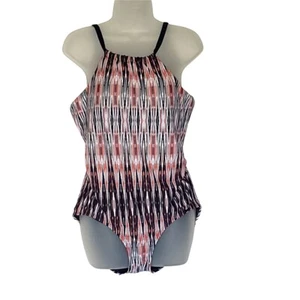 Jones New York One Piece Bathing Suit Size 10 Navy Blue White Coral Adjustable - Picture 1 of 11