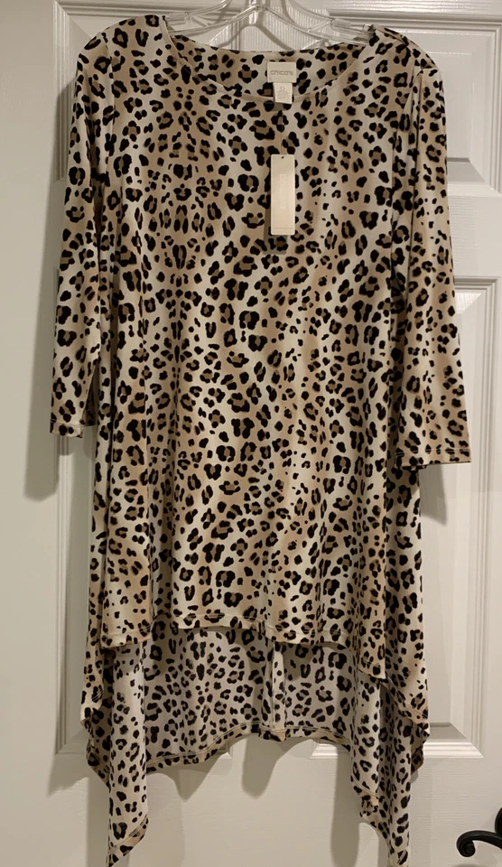 Chico's Sz 1 M Brown Tan Leopard Animal Print Hi-Lo Knit Tunic Top Long Sleeve