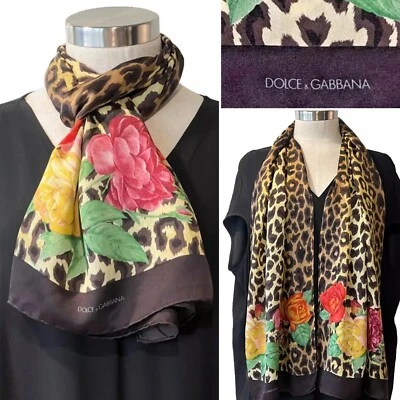 DOLCE GABBANA Chocolate Seda Satén Animal + Floral Handroll Dobladillos Bufanda 41x 152 cm Foto 1 de 4