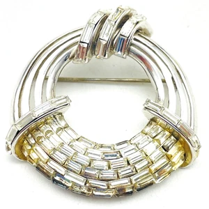 COROCRAFT Brooch Silver Tone Baguette Rhinestone Woven Basket Weave Vintage Pin - Picture 1 of 7