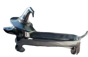Dachshund Weiner Dog Halloween Decor Silver Witch Candy Key Dish Bowl Broomstick - Picture 1 of 7
