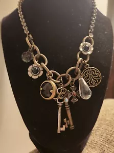 Victorian Goth Brass Charm Necklace Lobster Clasp Flowers Keys 16 In Adjustable - Picture 1 of 2