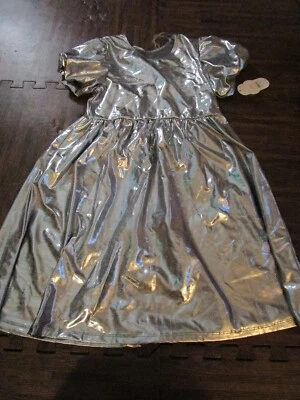 Vestido feminino Wonder Nation prata metálico manga bolha 10-12 novo com etiquetas - Imagem 1 de 4