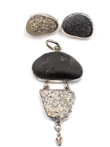 SCW Sterling Silver Black Marbled Stone Pendant & Earrings Set Artisan Modernist - Picture 1 of 7