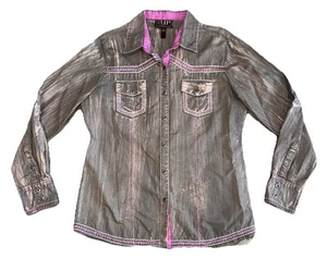 Cowgirl Up Women Sz L Worn Wash Gray Cotton Woven Pink Embroidered Western Shirt - Picture 1 of 22