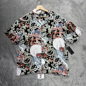 Ed Hardy Men Button Up Hawaiian Shirt Art Japanese Devil Tattoo Colllage Size L - Picture 1 of 13