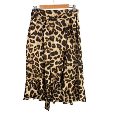 Leopard Print Midi Skirt Asymmetric Tie Waist Medium Boho Chic Y2k Baddie - Image 1 of 4