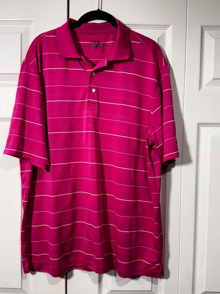 全新 XL WALTER HAGEN HYDRO DRI 粉红色 带白色条纹 高尔夫衬衫! — 第 1/3 张图片
