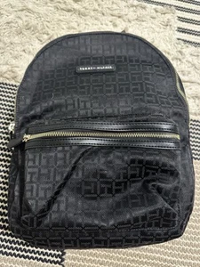 Tommy Hilfiger Black Faux Leather Logo Print Mini Backpack Purse Gold Logo - Picture 1 of 15