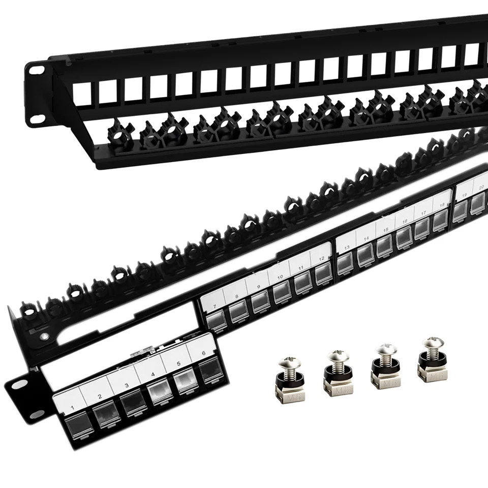24 Port Blank Keystone Patch Panel-Removable Panels-Rear Cable Bar-1U RJ45,HDMI - Image 1 of 4