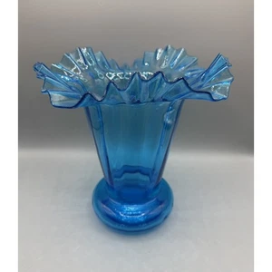 Beacon Glass Co Vase Blue Ruffle Tulip Top Tall Victorian Hand Blown  - Picture 1 of 5