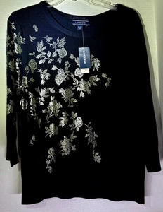 Suéter Mujer Lands End Negro Algodón Pima con Diseño Flor Dorada Talla XL/P - Imagen 1 de 8