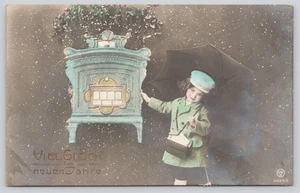Postcard RPPC Hand Tinted Girl with Umbrella Good Luck New Years Fire Furnace? - Picture 1 of 6