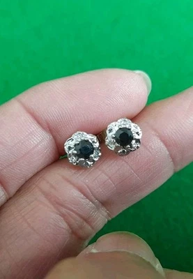 9ct Natural Sapphire and Diamond Cluster Flower Earrings Studs. - Image 1 of 4