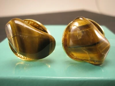 Natural Genuine Tiger's Eye Stones & Gold Tone Vintage Cuff Links - Image 1 of 4