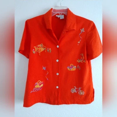 Веселое платье сарая льняной смеси лагерь рубашка вышитый оранжевый размер 8 груди 36» - Изображение 1 из 4