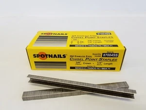 STAPLES 3/8" CROWN BY 1/4" Long STAINLESS STEEL Spotnails 22 GA C04SS, 87004SS - Picture 1 of 6