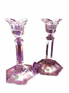ORREFORS SVEZIA COPPIA CANDELABRI CRISTALLO FIORE DI LOTO TOP 8" ALTEZZA - Foto 1 di 7