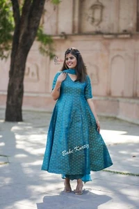 Pure Cotton Hand Block Printed Anarkali Kurti With Pant And Dupatta Set, Dresses - Picture 1 of 7