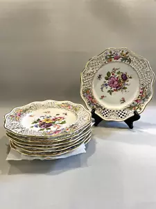 Juego de ocho platos de ensalada vintage de porcelana perforada pintados a mano de 9,5" de Dresde - Imagen 1 de 9