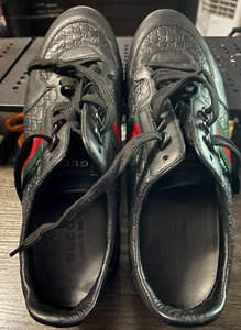 Gucci Guccissima 233334 Men's Black Leather Web Detail Low Top Sneakers 11.5G - Picture 1 of 4