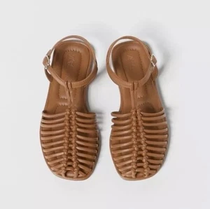 NWT Zara Girls Leather Knotted Fisherman Sandals Oxford Closed Flats Boho 2.5 - Picture 1 of 3