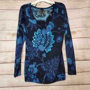 Desigual Different Is Beautiful Top Glitter Sequins Blouse Size Small Blue Navy - Picture 1 of 17