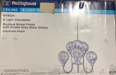 Lámpara de araña Westinghouse Bryon 6 luces de níquel cepillado vidrio gris humo 6325300 Foto 1 de 3
