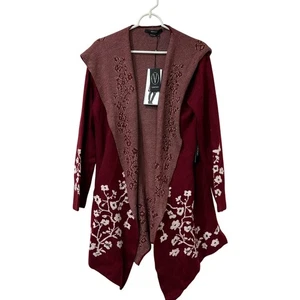 Vertigo NWT Womens Sz Medium Burgundy/ Pink Wool Floral Hooded Cardigan Sweater - Picture 1 of 6