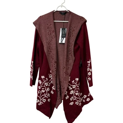 Cárdigan suéter con capucha floral de lana borgoña/rosa talla mediana Vertigo nuevo con etiquetas para mujer  Foto 1 de 4