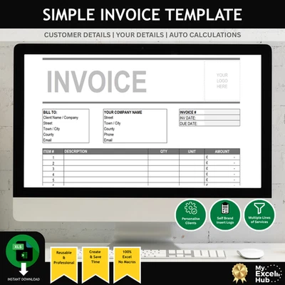 Modello di fattura aziendale semplice, calcolo automatico, foglio di calcolo Excel UK - Immagine 1 di 2