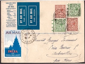 GB Gran Bretaña, 1930 cubierta de correo aéreo a Francia con bonita etiqueta India - HI07 - Imagen 1 de 3
