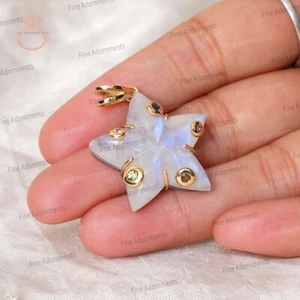 Oro 14k/Plata 925 Natural Arco Iris Piedra Lunar Estrella Colgante Zafiro Joyería Nuevo - Imagen 1 de 10