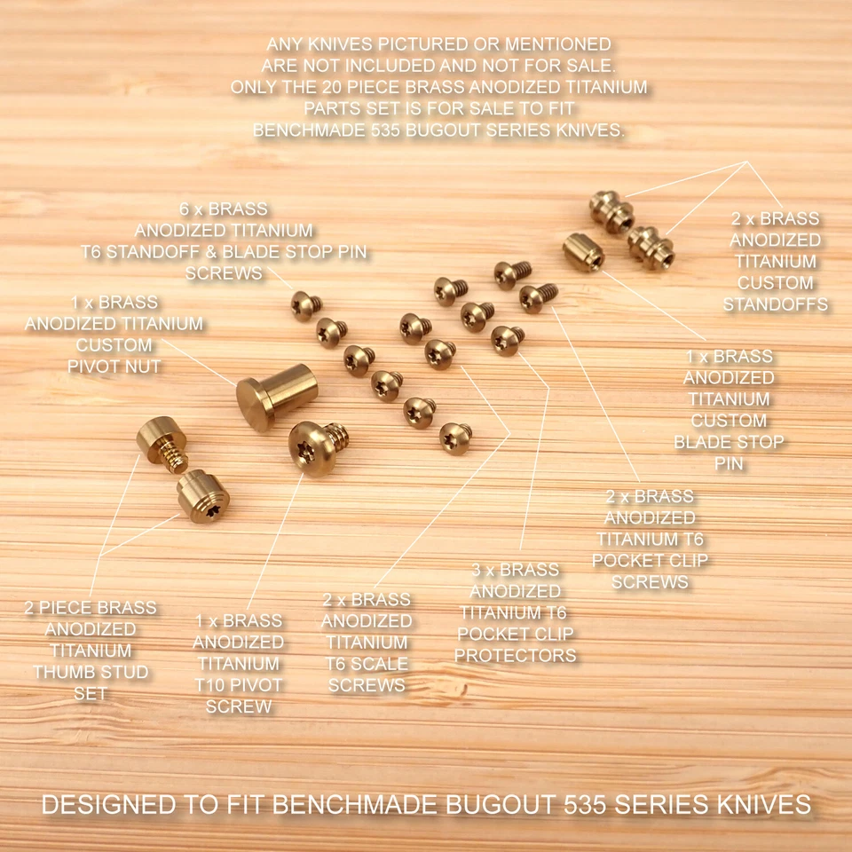 Benchmade 535 BUGOUT 20pc Titanium Screw Set, Pivot, Standoff, Pin, T.Stud BRASS - Изображение 1 из 1